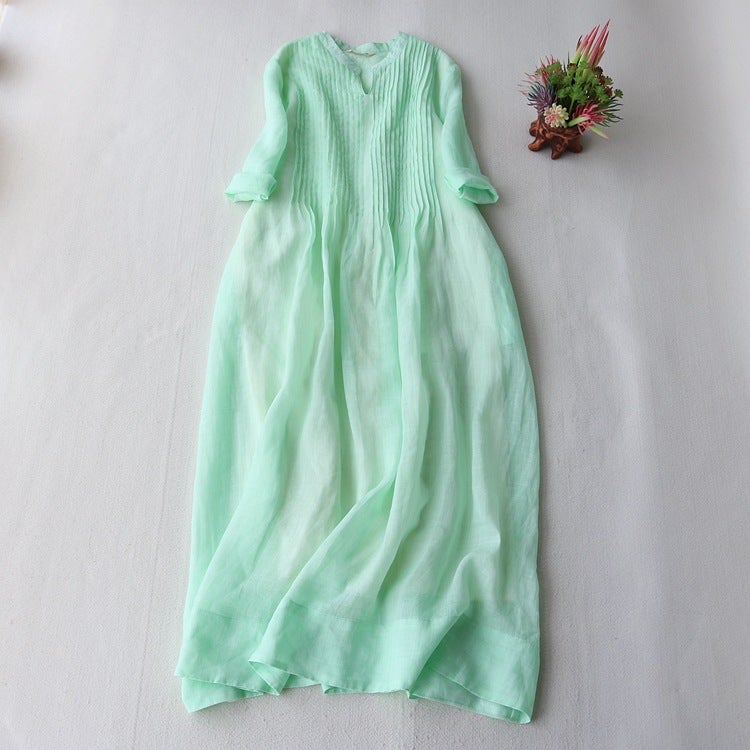 Cotton Linen Dress Women'S Small Vertical Collar Elegant Organ Pleated Seven-Point Sleeve Loose Floating Elegant Solid Color Long Dress - Image 5