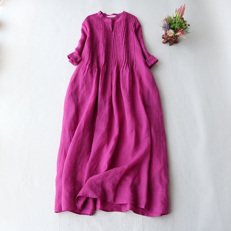 Cotton Linen Dress Women'S Small Vertical Collar Elegant Organ Pleated Seven-Point Sleeve Loose Floating Elegant Solid Color Long Dress - Image 2
