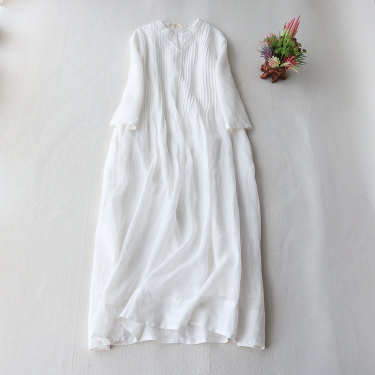 Cotton Linen Dress Women'S Small Vertical Collar Elegant Organ Pleated Seven-Point Sleeve Loose Floating Elegant Solid Color Long Dress - Image 4