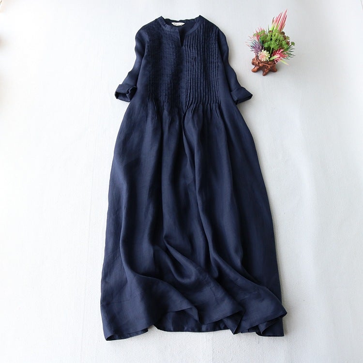 Cotton Linen Dress Women'S Small Vertical Collar Elegant Organ Pleated Seven-Point Sleeve Loose Floating Elegant Solid Color Long Dress - Image 3