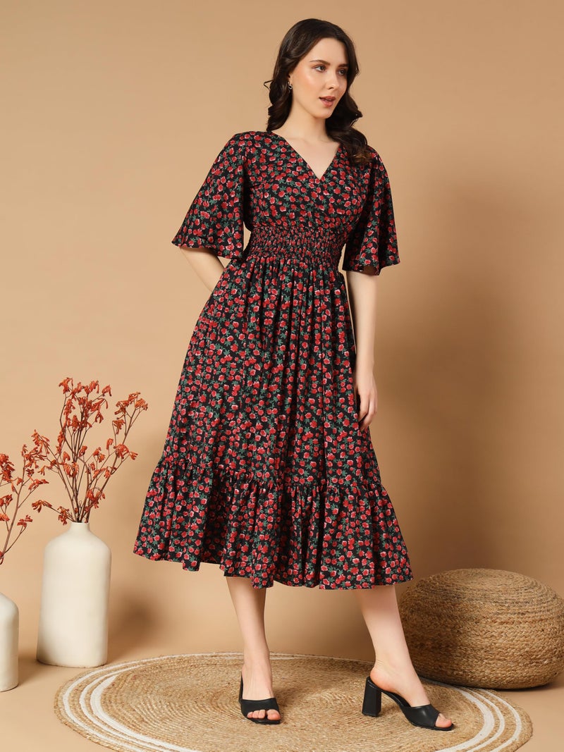 KZULLY | Beautiful Floral Pattern & Flared Sleeve | Print Midi Dress | Eye-Catching Design | Perfect for Casual, Office Flattering Fit and Soft, Comfortable Fabric - Image 3