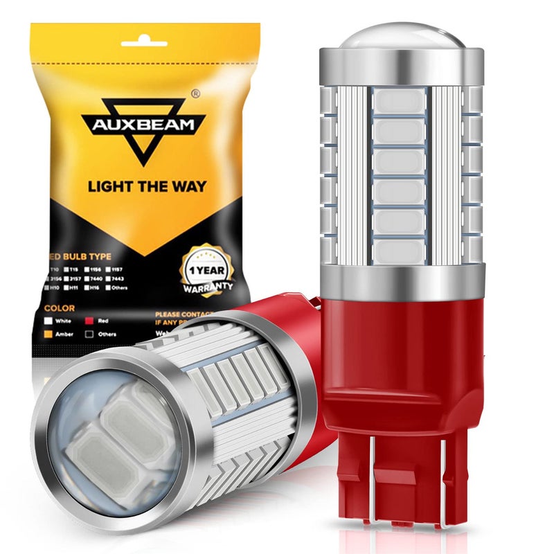 مصابيح LED حمراء Auxbeam 7440 7443 4000LM 400 أكثر سطوعًا T20 7441 7444 لمصابيح الذيل ومصابيح التوقف ومصابيح الفرامل 33SMD شرائح LED مع بروجيكتور عبوة من 2