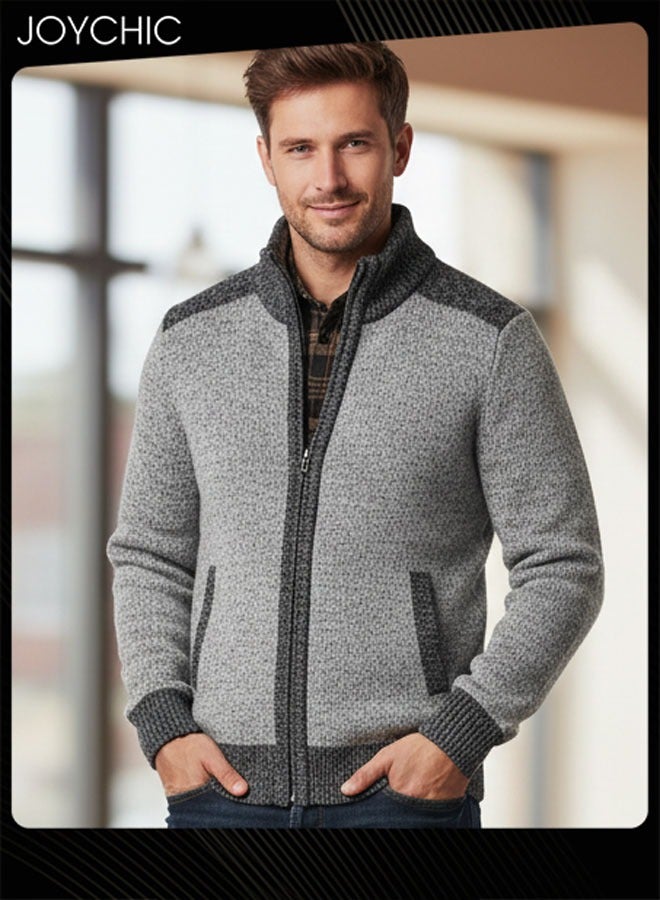 Joychic Autumn And Winter Men  Cardigan Coat Warm Sweater Jacket Long Sleeve Block Stand Collar Wool Men Zipper Knitted Thick Coat Light Grey - Image 1