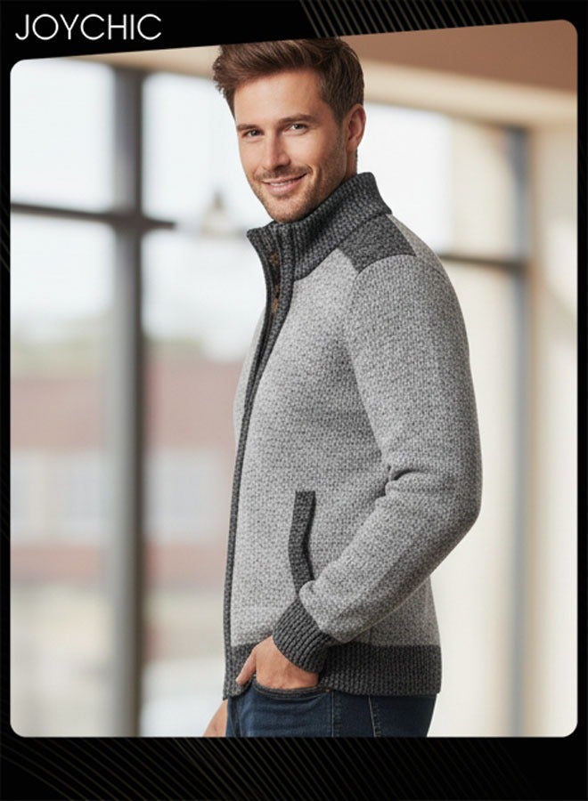 Joychic Autumn And Winter Men  Cardigan Coat Warm Sweater Jacket Long Sleeve Block Stand Collar Wool Men Zipper Knitted Thick Coat Light Grey - Image 2