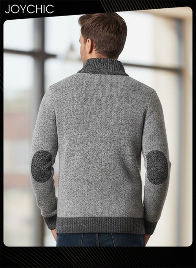 Joychic Autumn And Winter Men  Cardigan Coat Warm Sweater Jacket Long Sleeve Block Stand Collar Wool Men Zipper Knitted Thick Coat Light Grey - Image 3