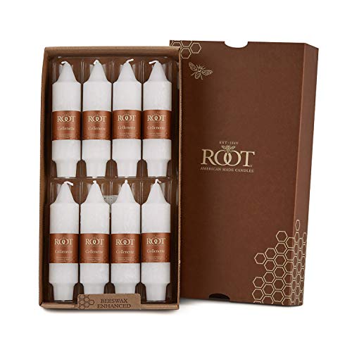 Root Candles 8Count Unscented Dinner Candles Dripless Beeswax Enhanced Timberline Collenette Boxed Candle Set 5Inch White