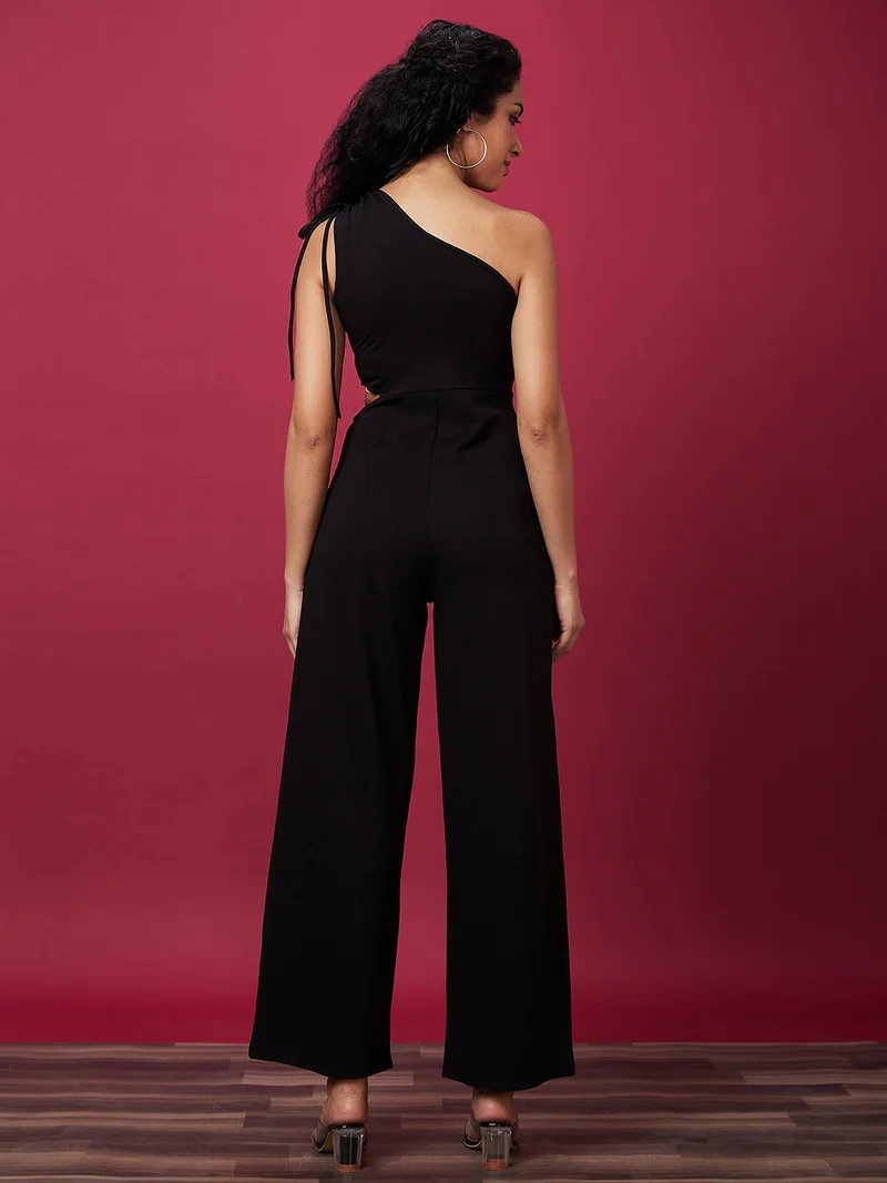globus Women Black One Shoulder Sleeveless Cut Outs Basic Jumpsuit