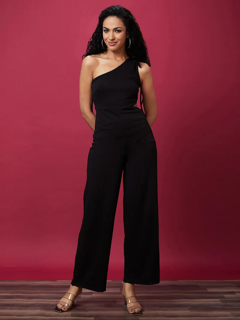 globus Women Black One Shoulder Sleeveless Cut Outs Basic Jumpsuit