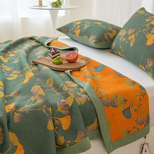 Purefair 100% Cotton Jacquard Quilt Floral Ginkgo Leaves Print,Soft Muslin Bed Cover 3 Layers Reversible Bedspread Coverlet Breathable Lightweight Bedding,Full/Queen(78"x94"), No Pillow Sham - Image 5