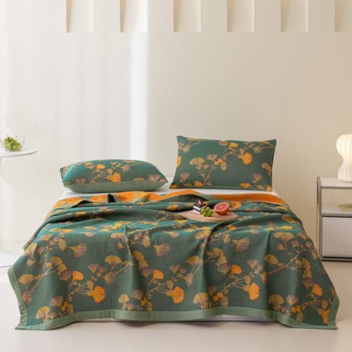 Purefair 100% Cotton Jacquard Quilt Floral Ginkgo Leaves Print,Soft Muslin Bed Cover 3 Layers Reversible Bedspread Coverlet Breathable Lightweight Bedding,Full/Queen(78"x94"), No Pillow Sham - Image 1