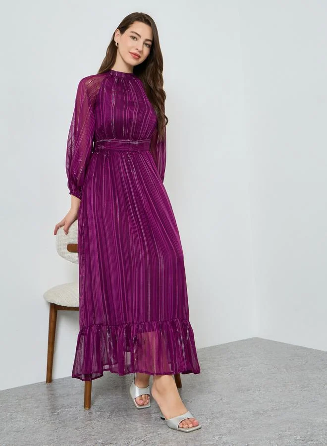 Styli Women Purple Textured Long Sleeves A-Line Maxi Dress