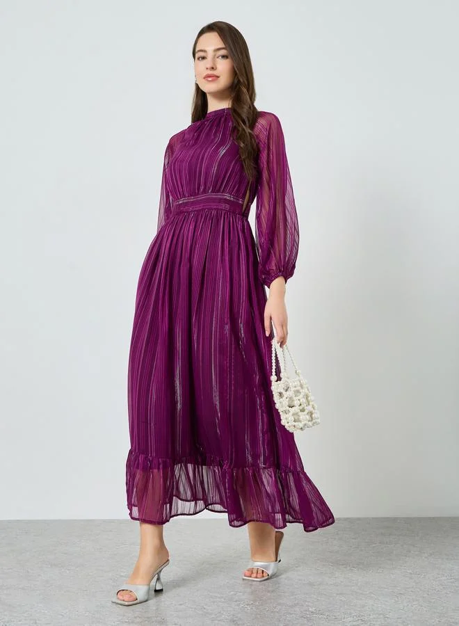 Styli Women Purple Textured Long Sleeves A-Line Maxi Dress