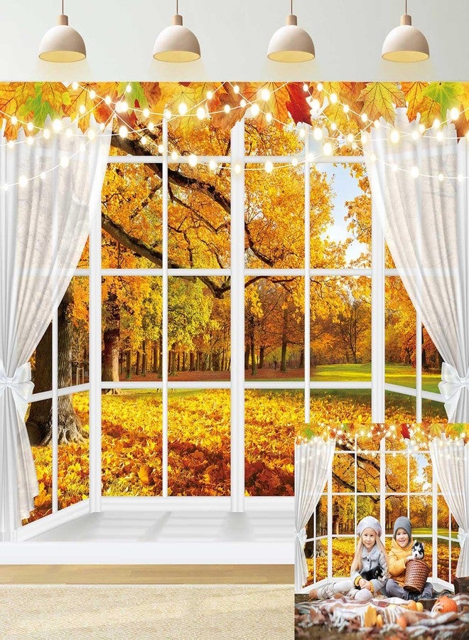 RUYI Autumn Window Photography Backdrop 7x5FT White Curtains Fall Forest Scene Background Autumn Thanksgiving Party Decorations Supplies Photo Props - Image 1