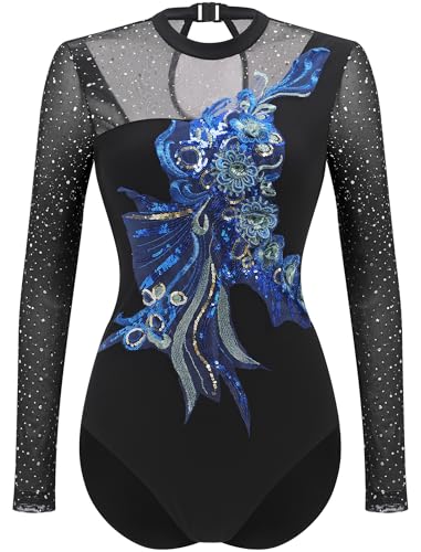 ODASDO Ice Figure Skating Leotard Women Sparkly Rehinstone Sheer Mesh Long Sleeve Tops Flower Applique Onepiece Unitard Gymnastics Competition Ballet Dancewear Stage Performance Costume Blue XS - Image 1