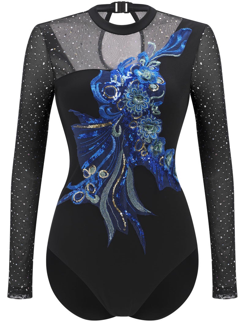ODASDO Ice Figure Skating Leotard Women Sparkly Rehinstone Sheer Mesh Long Sleeve Tops Flower Applique Onepiece Unitard Gymnastics Competition Ballet Dancewear Stage Performance Costume Blue XS - Image 2