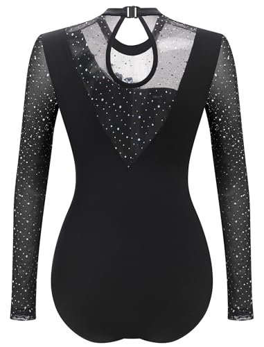 ODASDO Ice Figure Skating Leotard Women Sparkly Rehinstone Sheer Mesh Long Sleeve Tops Flower Applique Onepiece Unitard Gymnastics Competition Ballet Dancewear Stage Performance Costume Blue XS - Image 3