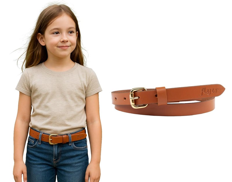 Flyer Girls Belt – Pack of 1 Genuine Leather Belt for Kids with Adjustable Buckle for Jeans, Dress, School Uniform – Stylish Belt for Girls – TAN1381 - Image 1