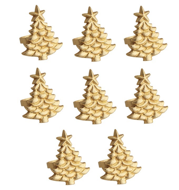 CHRISTMAS TREE NAPKIN RINGS 8 PACK MERRY XMAS HALLELUJAH HOLIDAY DINING TABLE HANDMADE METAL NAPKIN HOLDER JOY REJOICE FESTIVE ELEGANT CELEBRATION PARTY GIFT TABLETOP DCOR GOLD