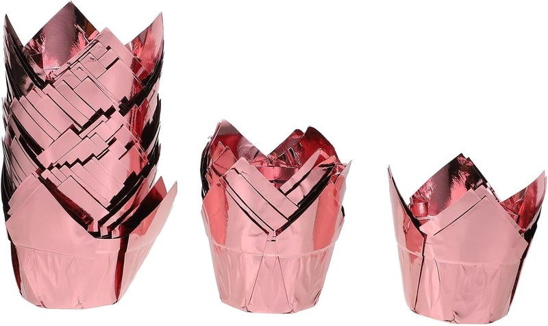 PRETYZOOM Tulip Cake Cups and Cupcake Liners 50pcs Rose Gold Paper Baking Cups Greaseproof Muffin Liners for Home Baking and Dessert Shops - Image 1