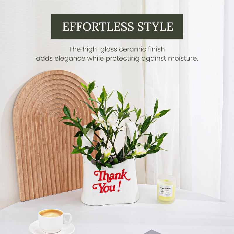 BuzzingCosmos Handmade Ceramic Bag Flower Vase with Red â€œThank Youâ€ Print | Glossy White Purse Vase for Modern Home Decor, Mantel, Kitchen, Living Room, Table Centerpiece - Image 5