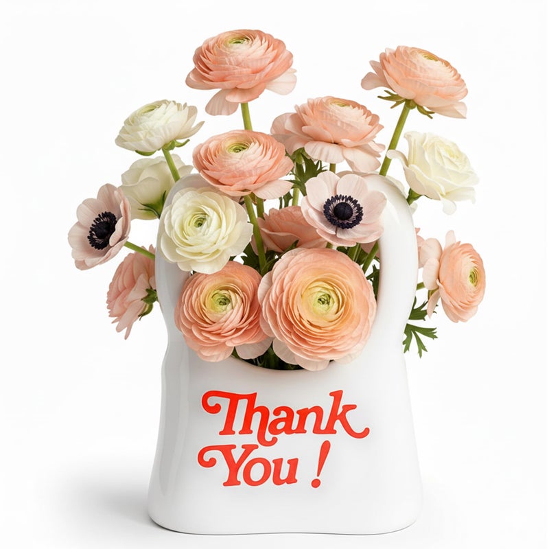 BuzzingCosmos Handmade Ceramic Bag Flower Vase with Red â€œThank Youâ€ Print | Glossy White Purse Vase for Modern Home Decor, Mantel, Kitchen, Living Room, Table Centerpiece - Image 2