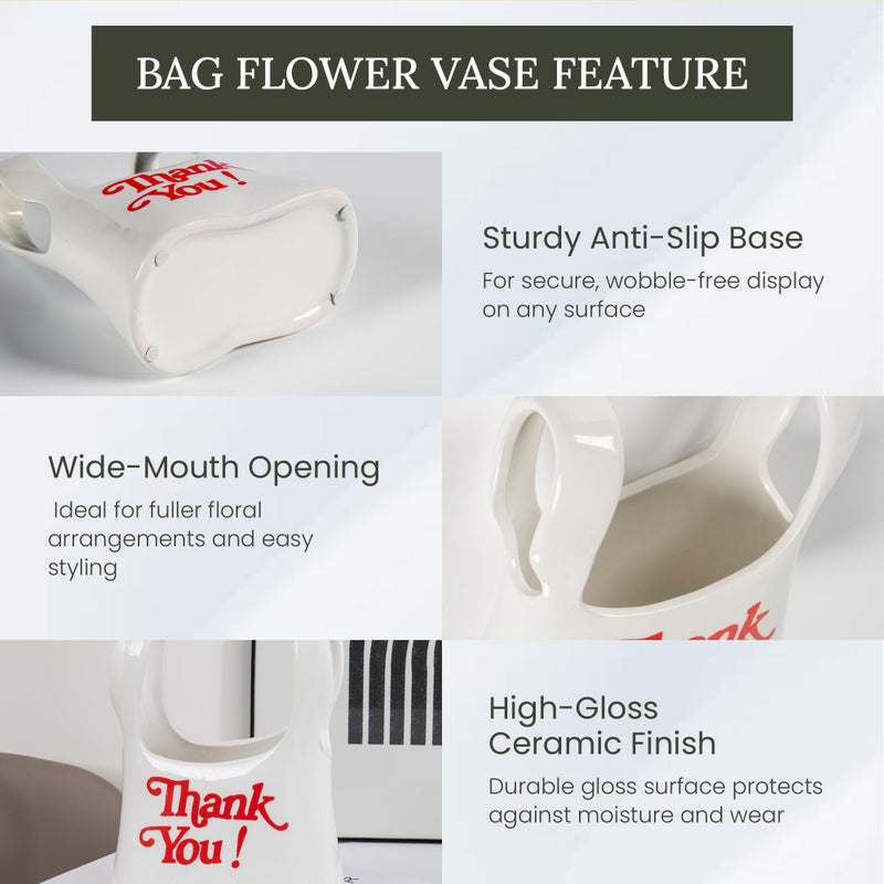 BuzzingCosmos Handmade Ceramic Bag Flower Vase with Red â€œThank Youâ€ Print | Glossy White Purse Vase for Modern Home Decor, Mantel, Kitchen, Living Room, Table Centerpiece - Image 4
