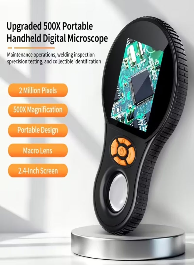 ميكروسكوب رقمي محمول 500X – شاشة ملونة 6.1 سم، كاميرا 200 ميجابكسل، 8 مصابيح LED، بطارية قابلة للشحن، شحن USB – للمراقبة الدقيقة للعملات، المجوهرات، إصلاح لوحات PCB ومراقبة الحشرات - Image 1