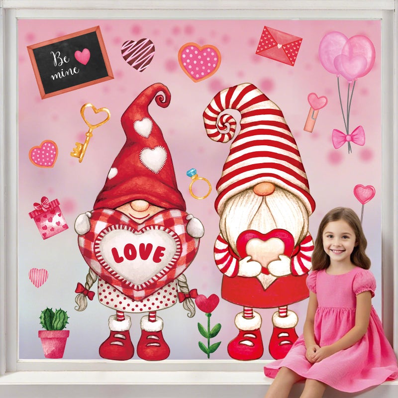 ojustbeok Valentine's Day Extra Large Window Clings Decorations Heart Gnome Elf Window Decals Valentines Red Pink Gnome Double-Sided Reusable Stickers for Valentine's Day Wedding Home Office School Decor - Image 1