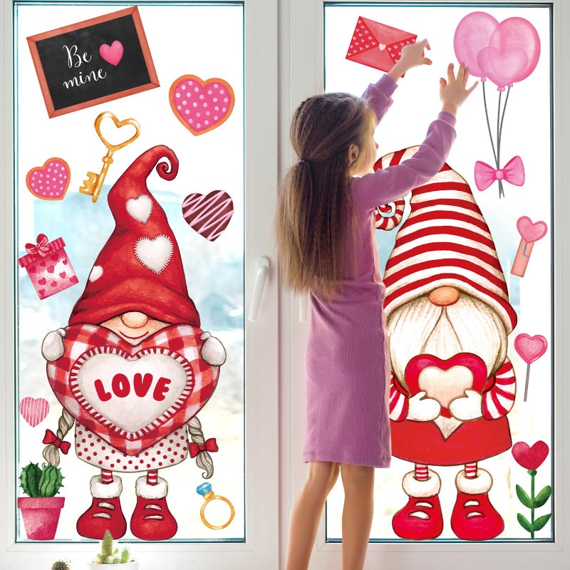 ojustbeok Valentine's Day Extra Large Window Clings Decorations Heart Gnome Elf Window Decals Valentines Red Pink Gnome Double-Sided Reusable Stickers for Valentine's Day Wedding Home Office School Decor - Image 5