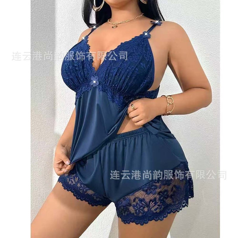 Shangyun طقم شورتات لانجري مثير بنقشة الدانتيل المُرَقَّع بأسلوب أوروبي وأمريكي للنساء - ملابس نوم صيفية مقاس كبير - Image 1
