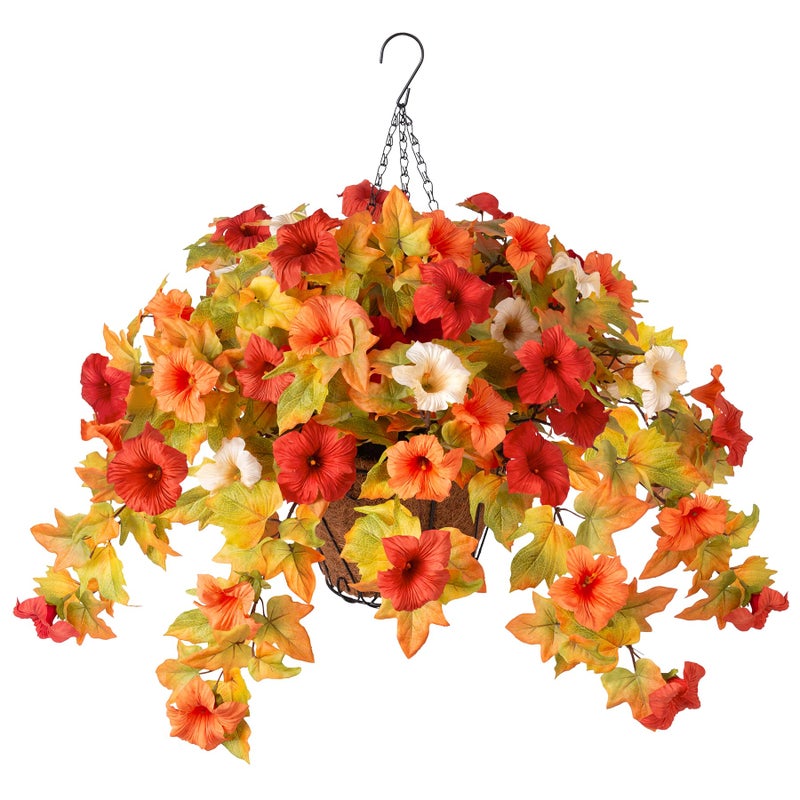 Ammyoo Artificial Fake Fall Flowers with Hanging Basket Plants for Outdoor Autumn Decoration,Silk Faux Flower UV Resistant Petunias for Home Porch Patio Garden Balcony Yard Decor Real Looking(Orange White) - Image 1