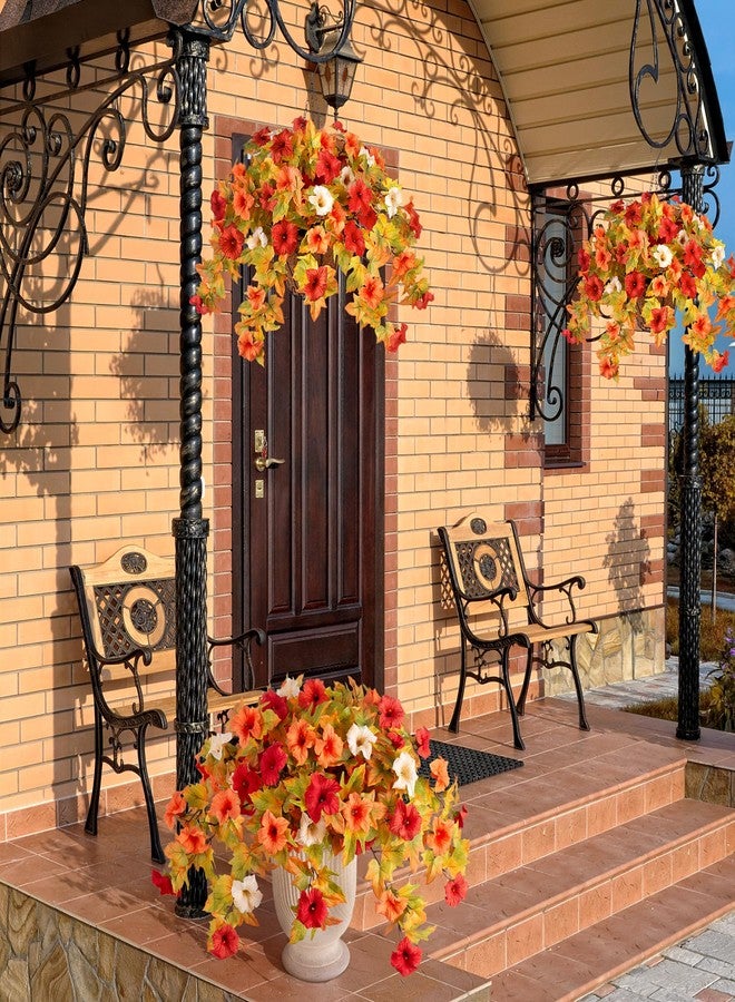 Ammyoo Artificial Fake Fall Flowers with Hanging Basket Plants for Outdoor Autumn Decoration,Silk Faux Flower UV Resistant Petunias for Home Porch Patio Garden Balcony Yard Decor Real Looking(Orange White) - Image 5