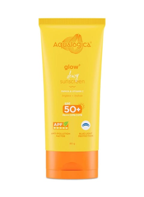 Aqualogica Glow+ Dewy Lightweight & Hydrating Sunscreen with SPF 50+ & PA++++ for UVA/B & Blue Light Protection & No White Cast for Men & Women -Oily, Combination & Glowing Skin -80g