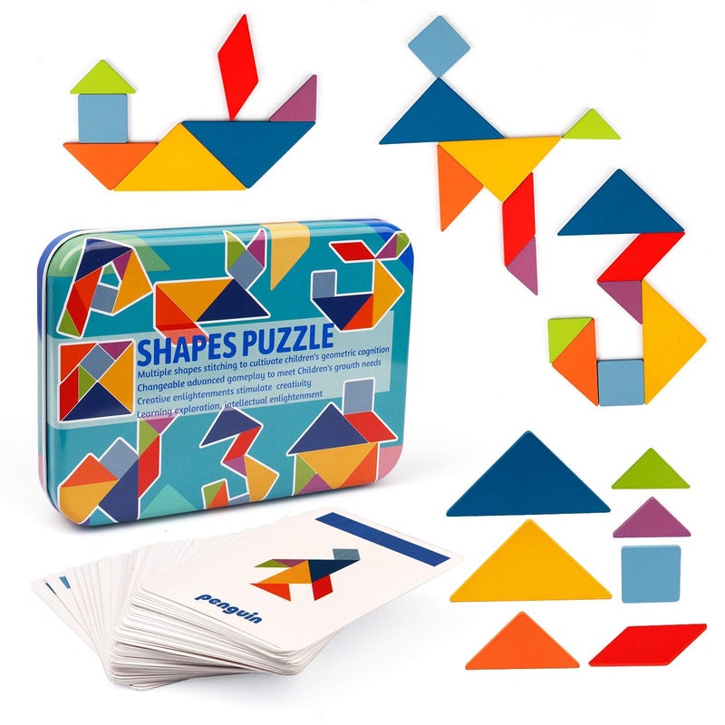 Vanmor Wooden Tangrams Sets Pattern Blocks, Shape Card Brain Teaser Puzzles Educational Toy, Travel Games for Kids Ages 4-8 Road Trip Essentials - Image 1