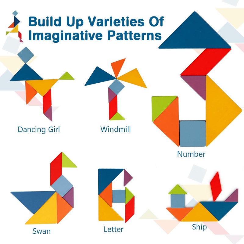 Vanmor Wooden Tangrams Sets Pattern Blocks, Shape Card Brain Teaser Puzzles Educational Toy, Travel Games for Kids Ages 4-8 Road Trip Essentials - Image 3