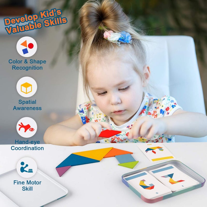 Vanmor Wooden Tangrams Sets Pattern Blocks, Shape Card Brain Teaser Puzzles Educational Toy, Travel Games for Kids Ages 4-8 Road Trip Essentials - Image 2