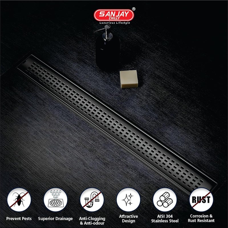 SANJAY CHILLY Square Shower Channel Drainer Ultra Black Waste Water Floor Drain Channel 304 Stainless Steel with Collar and Cockroach Trap Side Hole 24x4 INCH - Image 4