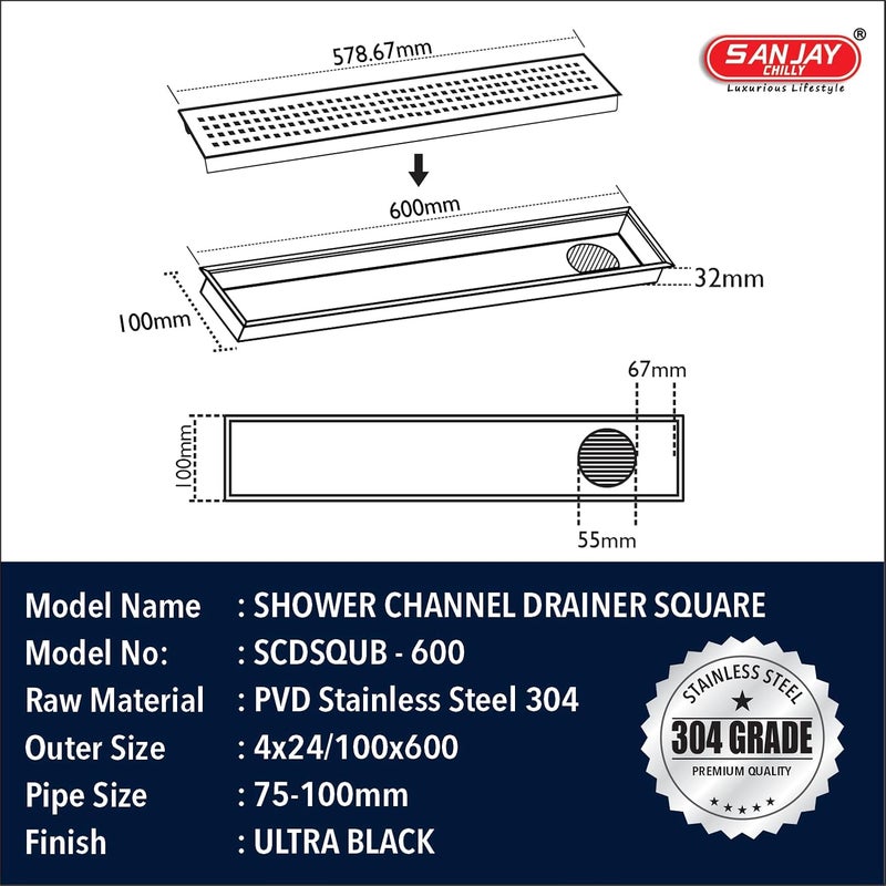 SANJAY CHILLY Square Shower Channel Drainer Ultra Black Waste Water Floor Drain Channel 304 Stainless Steel with Collar and Cockroach Trap Side Hole 24x4 INCH - Image 2