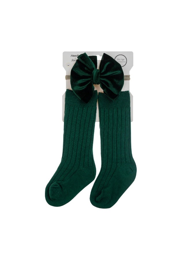 D'Daniela Mikha Socks & Ribbon Bow Set For Babies and Girls - Dark Green - Image 1