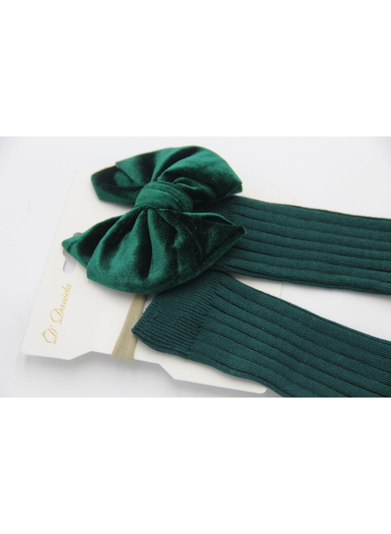 D'Daniela Mikha Socks & Ribbon Bow Set For Babies and Girls - Dark Green - Image 2