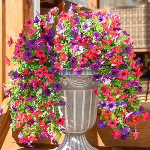 HyeFlora Artificial Flowers for Outdoors Decoration 2Pcs Fake Hanging Spring Summer Decor Purple and Hotpink Realistic Plants UV Fading Resistant Silk Flower for Porch Patio Balcony Planter Yard - Image 1