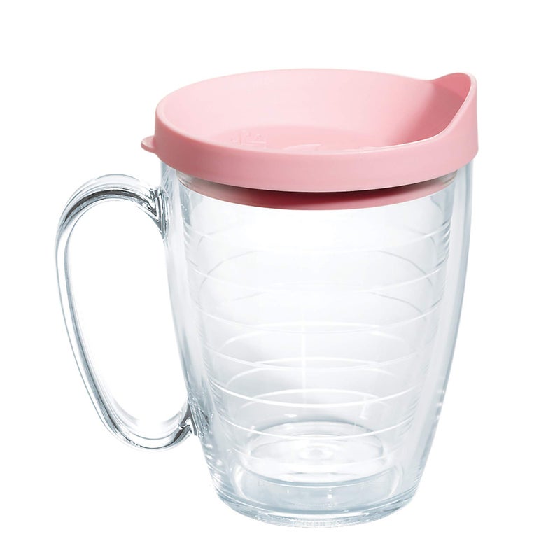 تيرفيس كوب Tervis شفاف وملون بغطاء مصنوع في الولايات المتحدة الأمريكية، كوب سفر معزول بجدار مزدوج يحافظ على المشروبات الباردة والساخنة، كوب سعة 16 أونصة، غطاء وردي - Image 1