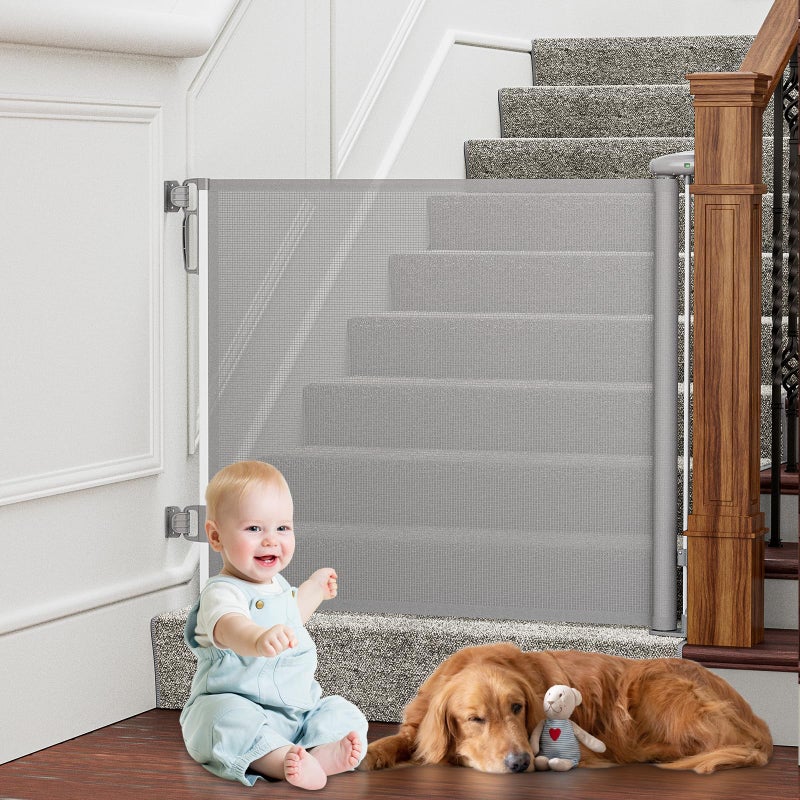 Retractable Baby Gates Extra Wide PRObebi Retractable Dog Gate for The House Extends to 54 Wide 34 Tall Gates for Baby Indoor Stair Gate for Outdoor Staris Hallways Doorways Deck Porch