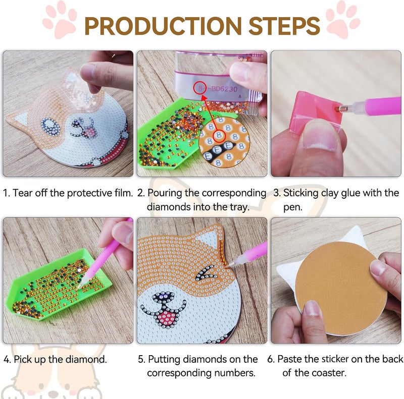 Vcekract Diamond Painting Coasters Kits, 6 Pices Dog Diamond Art Coasters with Holder, Crafts Kits for DIY Coasters, Diamond Art Kits for Adults - Image 3
