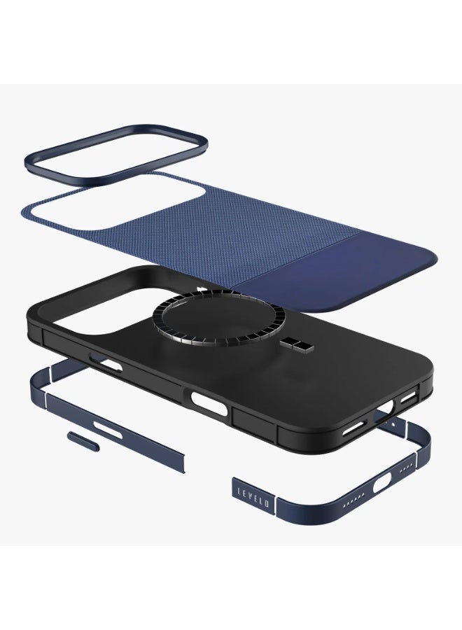 LEVELO iPhone 17 Pro MagSafe Case Cuir With Comfortable Grip & Premium PU Leather / Shock-Resistant Bumper / Aluminum Alloy Frame for Camera & Buttons / Strong Magnets - Midnight Blue - Image 3