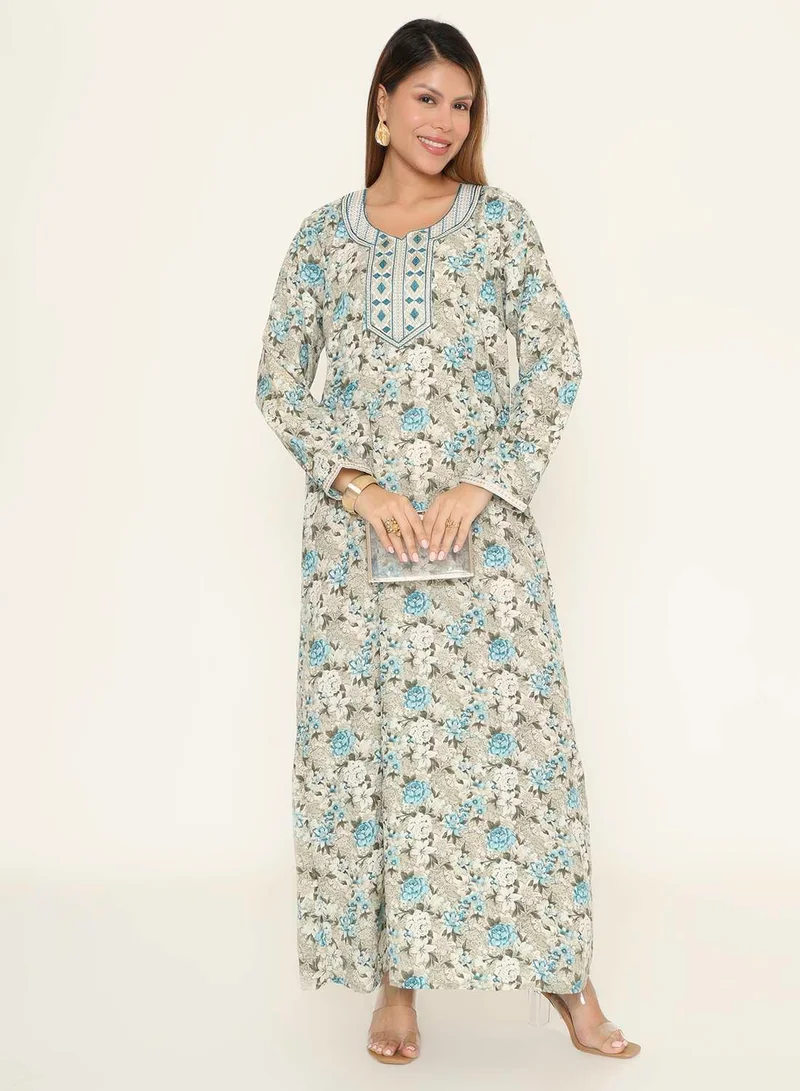 HANA & SARA Blue & White Floral Printed Arabic Jalabiya with Embroidered Neckline