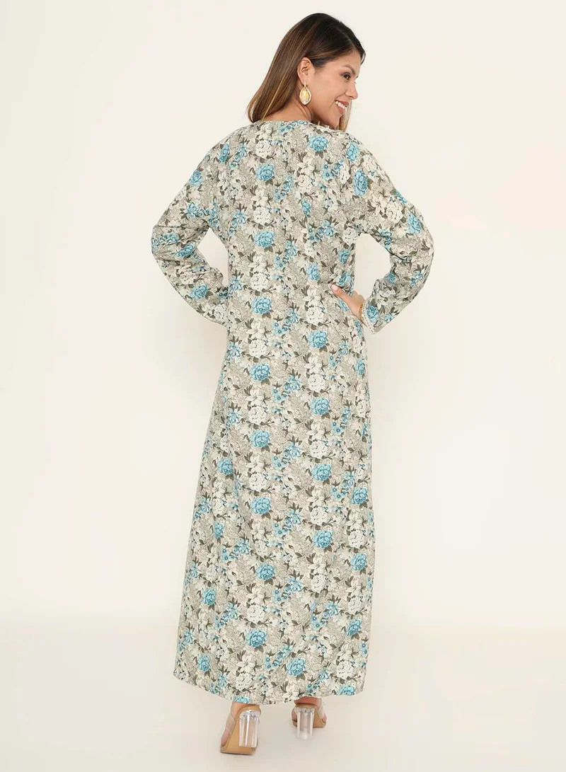 HANA & SARA Blue & White Floral Printed Arabic Jalabiya with Embroidered Neckline