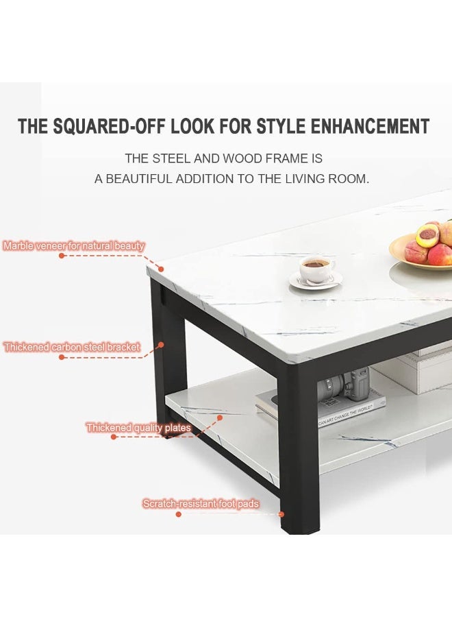 Generic Modern Coffee Table Rectangle Tea Table 2 Tier Sofa Side Table Marble Veneer Tabletop with Thick Steel Frame and Open Storage Shelf for Home Living Room and Office, H236C (Black)  - Image 3
