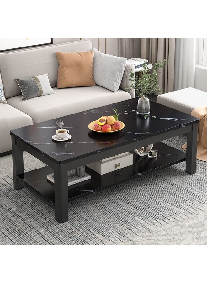 Generic Modern Coffee Table Rectangle Tea Table 2 Tier Sofa Side Table Marble Veneer Tabletop with Thick Steel Frame and Open Storage Shelf for Home Living Room and Office, H236C (Black)  - Image 1