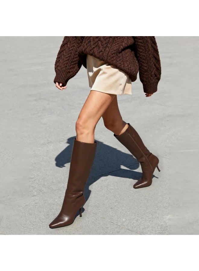 Modatope Knee High Boots Women Square Toe Stiletto Tall Boots Side Zipper Dressy Boot for Women, A-brown, 6 - Image 5